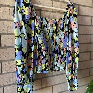 Free People Boho Floral Long Sleeve Hippie Sleeve Blouse Off The Shoulder Small